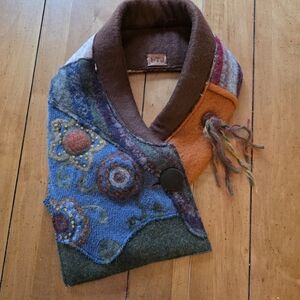 Bohemian Patchwork Shawl Collar Sweater - Blue & Brown